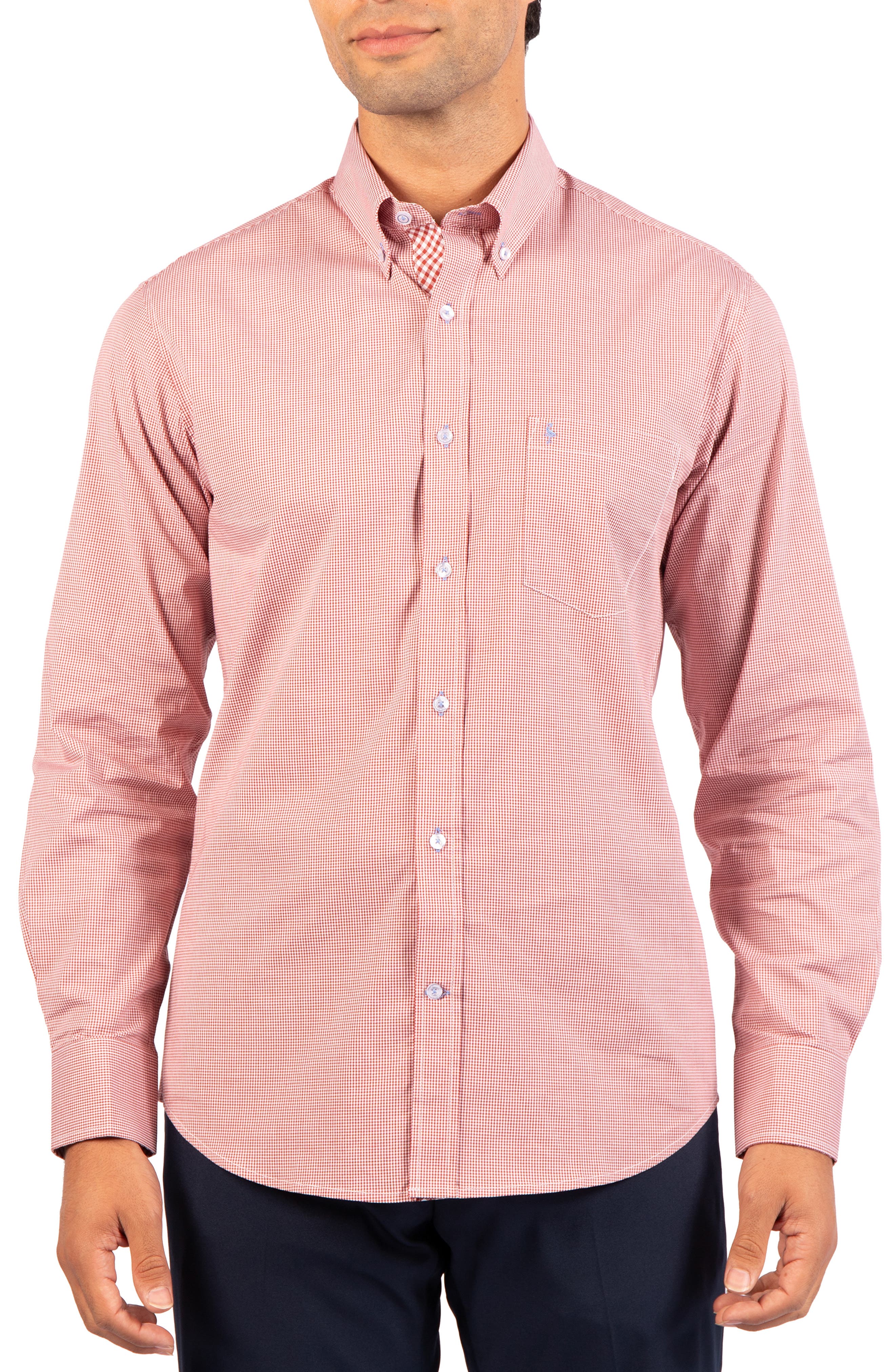 Tailorbyrd Micro Gingham Stretch Cotton Button-up Shirt In Pink