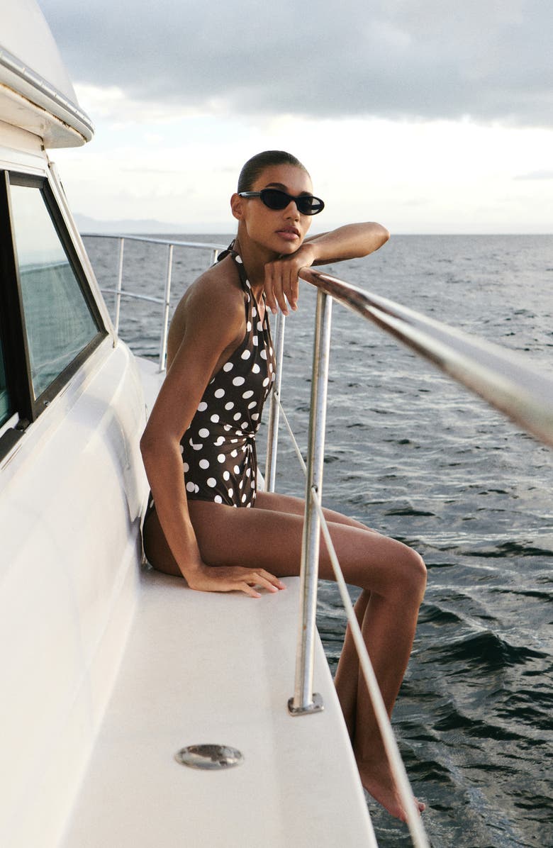 MANGO Polka Dot Halter One Piece Swimsuit, Alternate, color, Brown