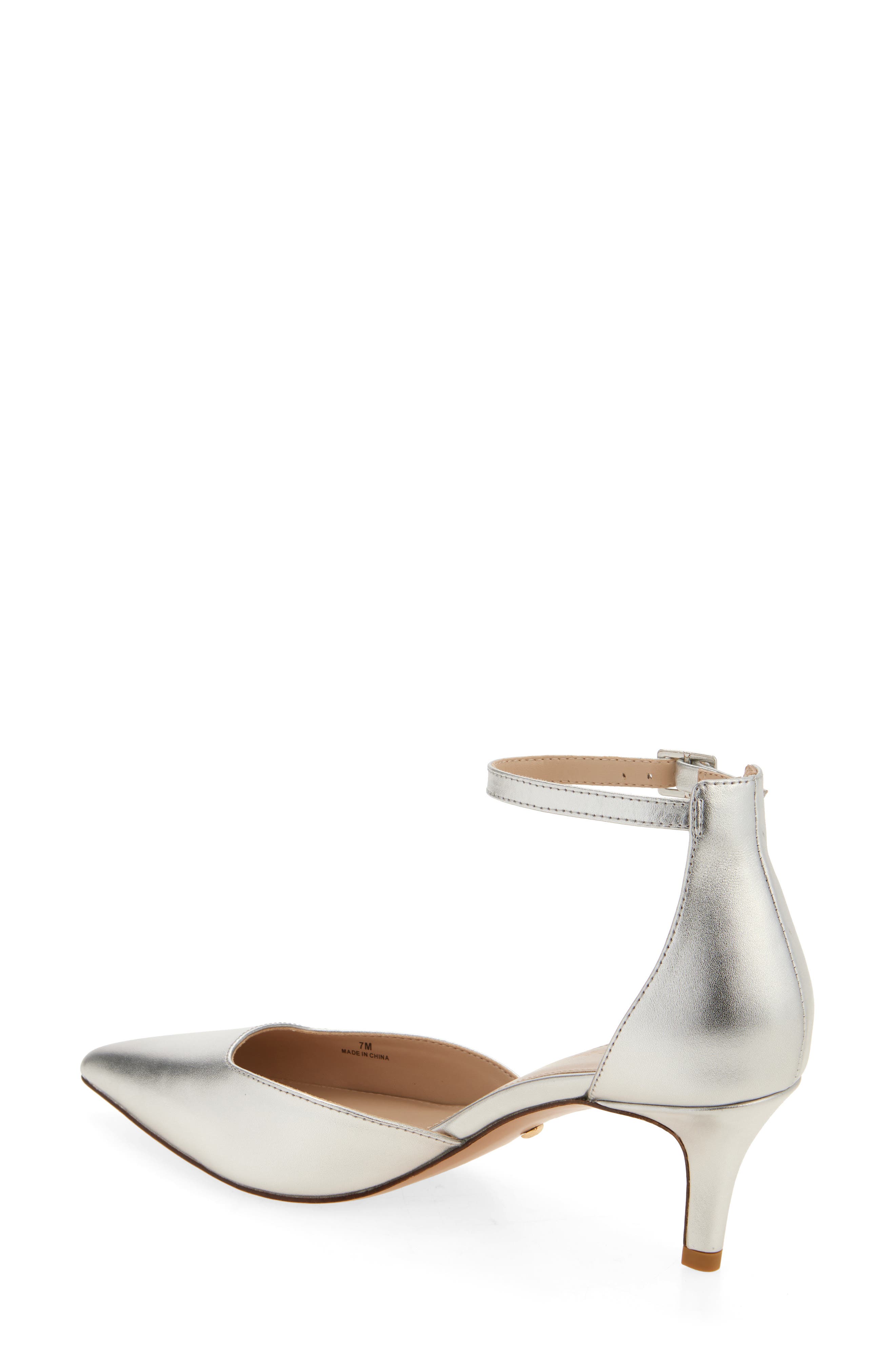 Pelle Moda Kendal Ankle Strap Pointed Toe Kitten Heel Pump, Alternate, color, Silver