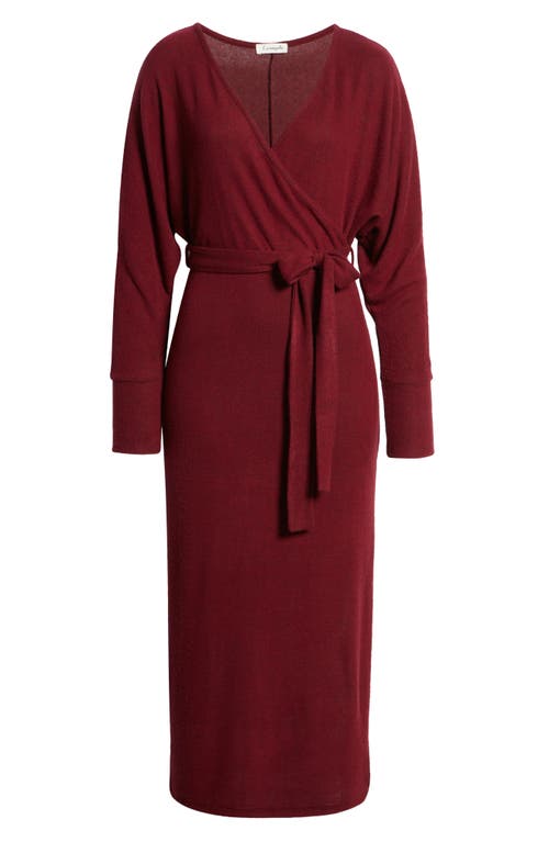Loveappella Long Sleeve Faux Wrap Midi Dress In Burgundy