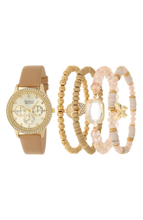Crystal Chronograph Faux Leather Strap Watch & Assorted Bracelets Set, 38mm