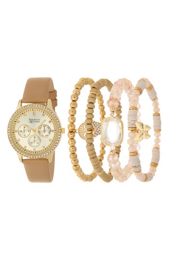 American Exchange Crystal Chronograph Faux Leather Strap Watch & Assorted Bracelets Set, 38mm In Sand