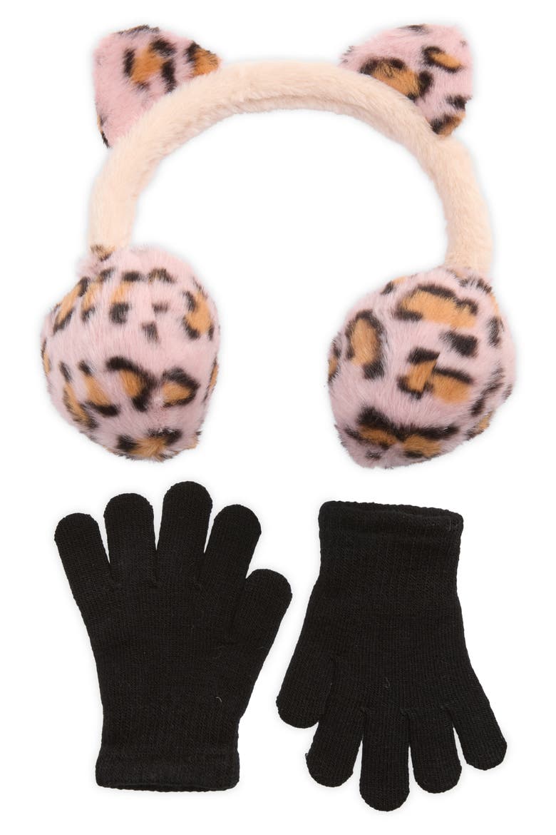 Leopard Print Faux Fur Earmuffs & Gloves Set, Main, color, LEOPARD
