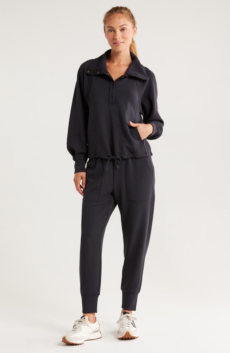 Zella Ultrasoft Snap Funnel Neck Sweatshirt, Alternate, color, Black