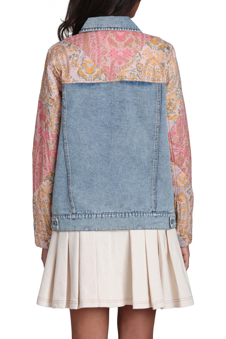 Mixed Media Denim Trucker Jacket, Alternate, color, LIGHT BLUE/ ORANGE MULTICOLOR