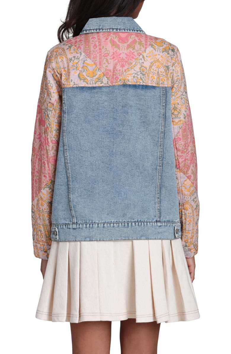 Avec Les Filles Mixed Media Denim Trucker Jacket, Alternate, color, Light Blue/ Orange Multicolor