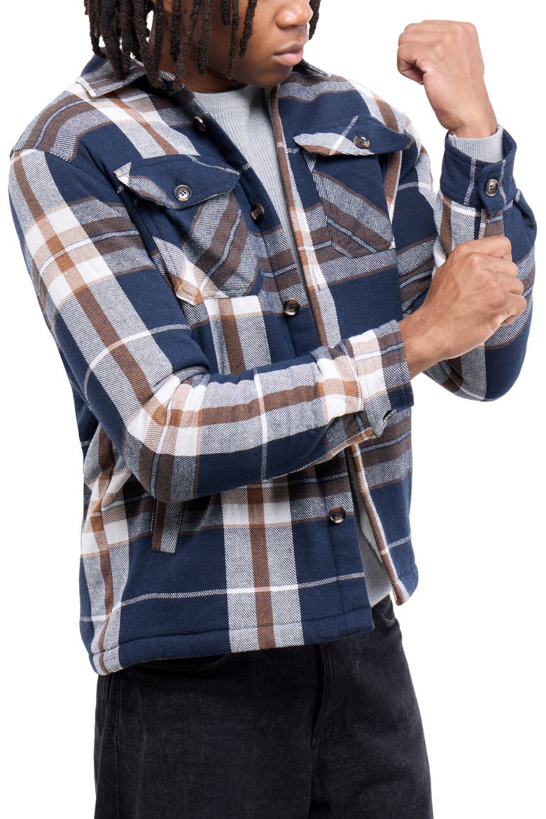 Faux Shearling Lined Flannel Shirt Jacket, Alternate, color, BROWN/ NAVY