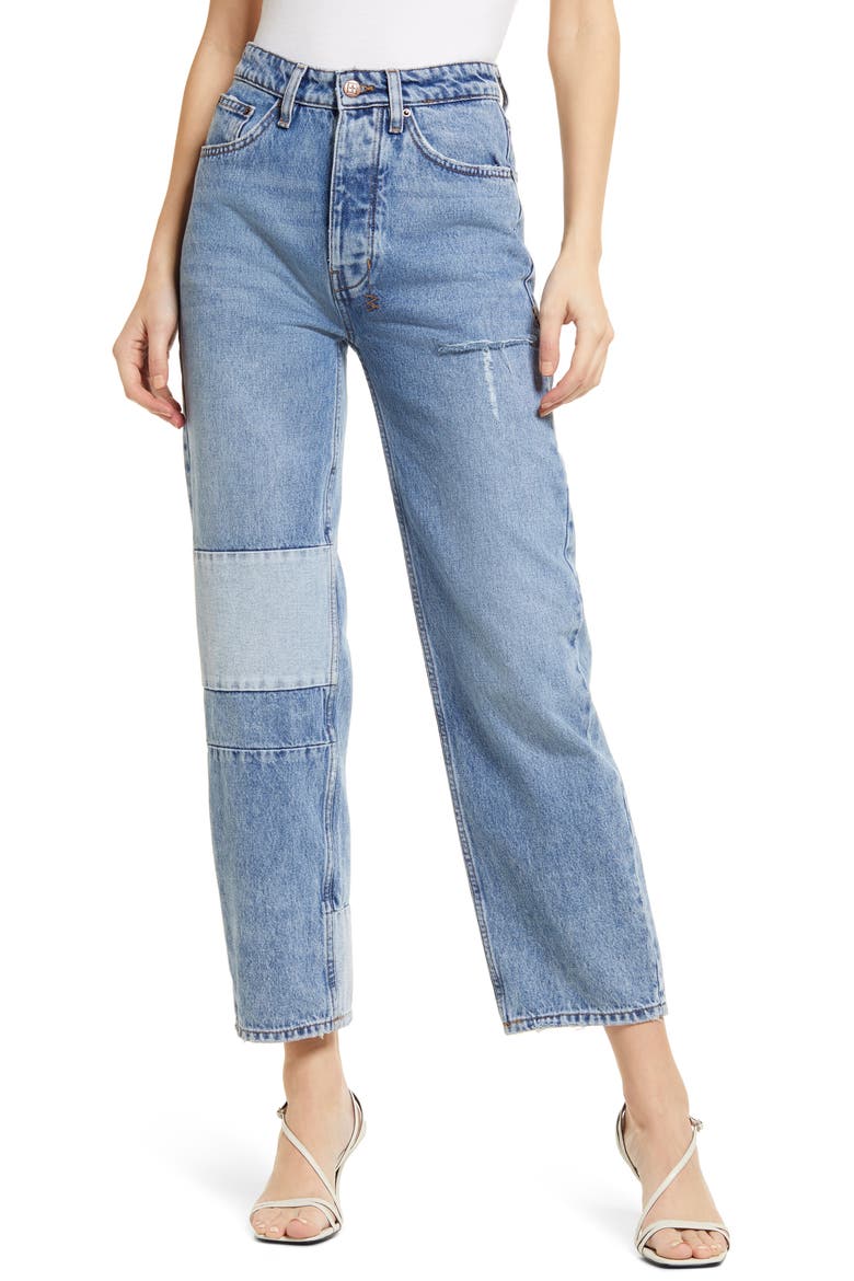 Brooklyn Distressed Patchwork Straight Leg Nonstretch Jeans, Main, color, DENIM