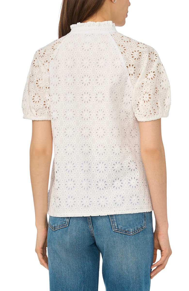 CeCe Broderie Anglaise Ruffle Spilt Neck Top, Alternate, color, Ultra White