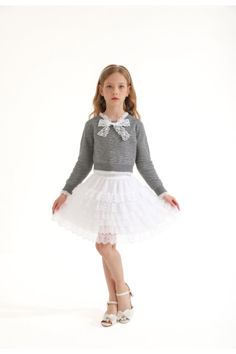 Lace-Bow Top with Tiered Skirt, Alternate, color, Grey