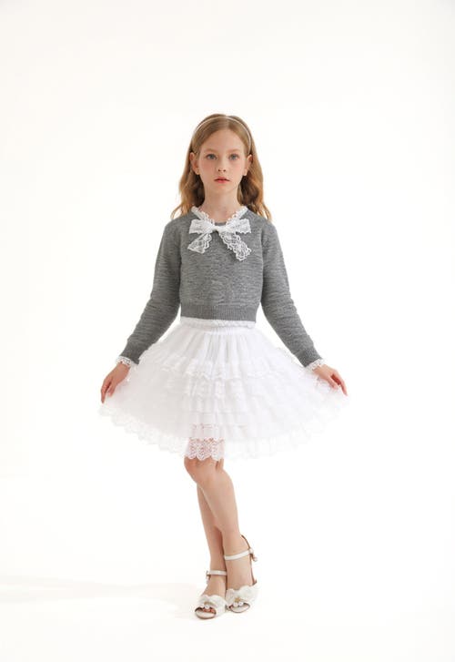 Sweet Cactus Lace-bow Top With Tiered Skirt In Gray