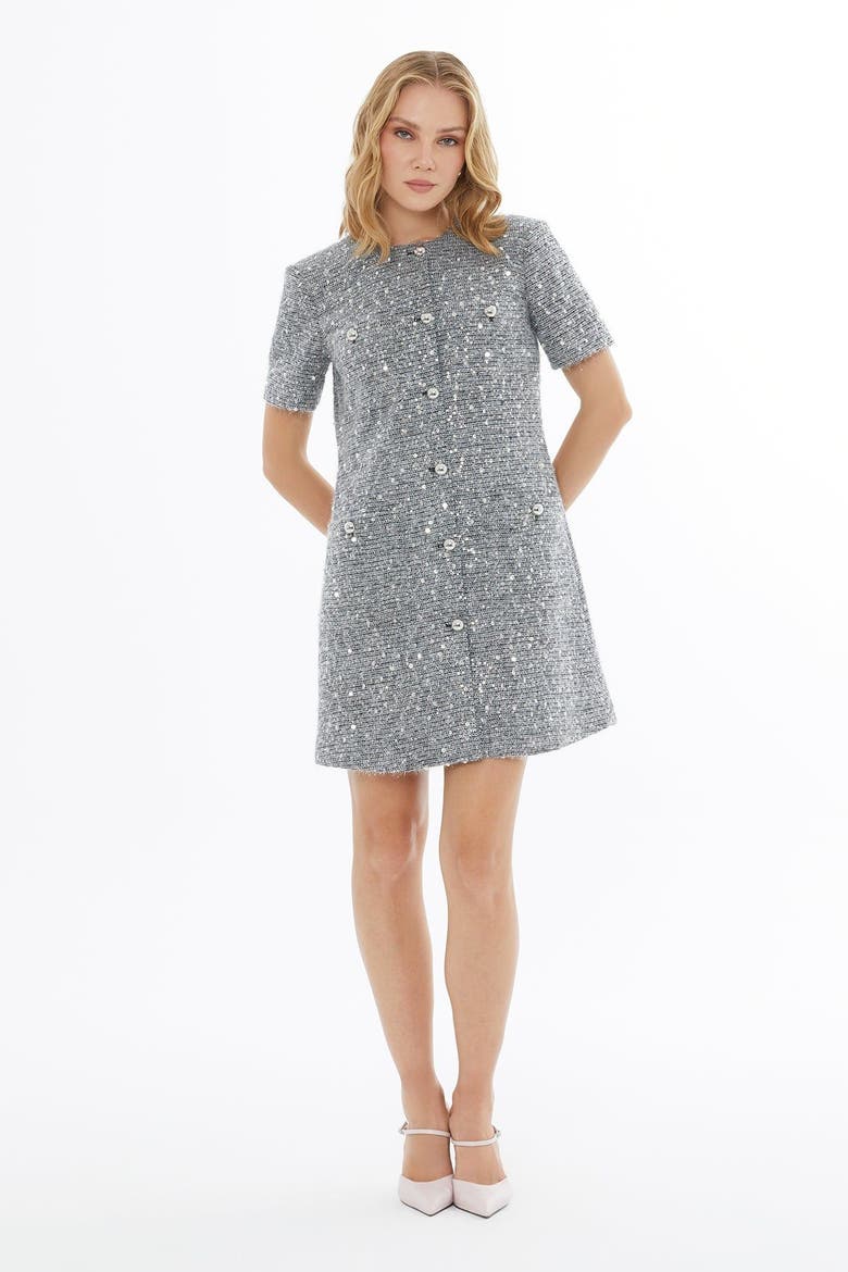 Button Closure Short-Sleeve Crew Neck Lined Dress, Alternate, color, Grey