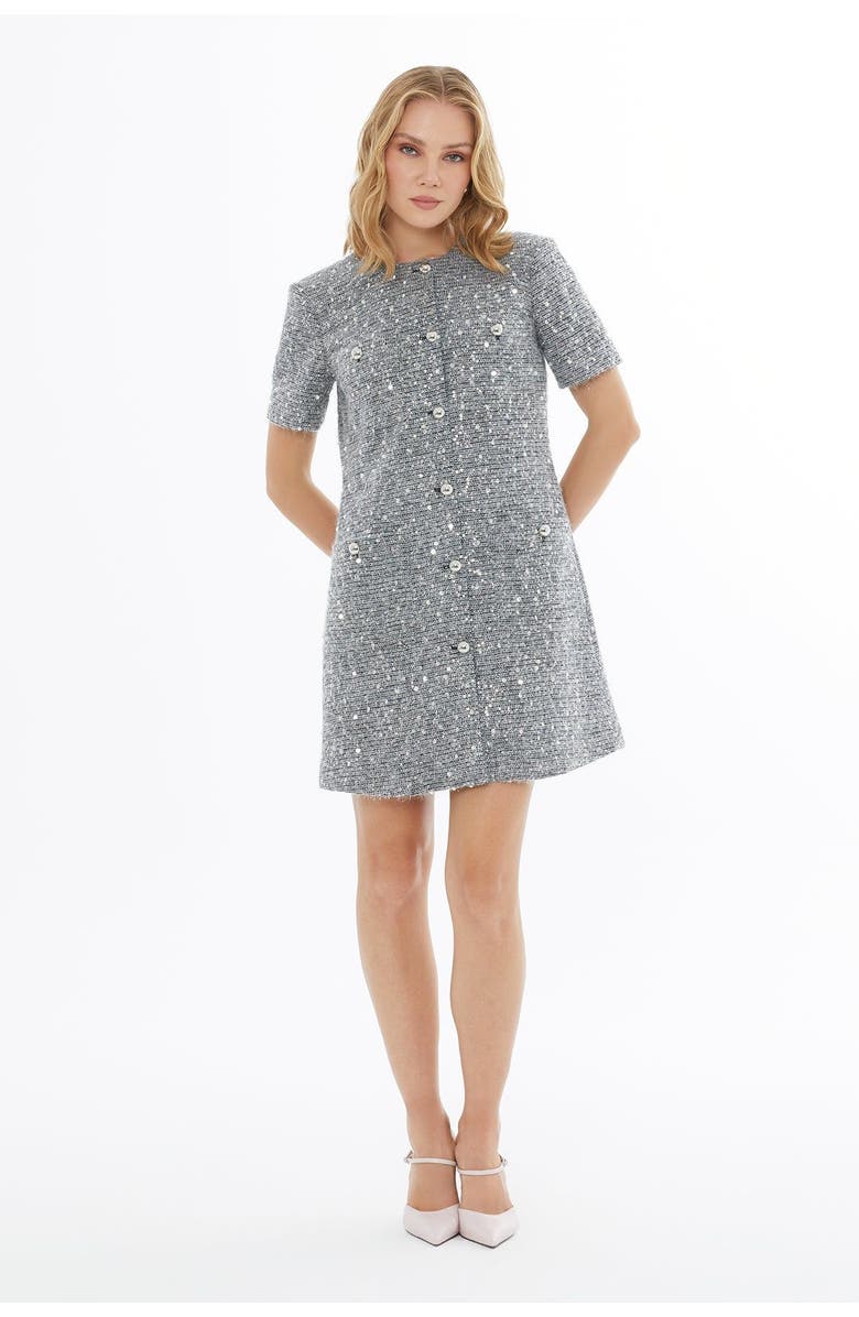 Gizia Button Closure Short Sleeve Crew Neck Dress, Alternate, color, Grey