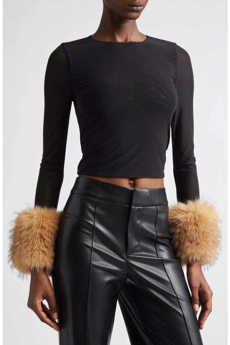 Delaina Faux Fur Cuff Mesh Crop Top, Alternate, color, BLACK