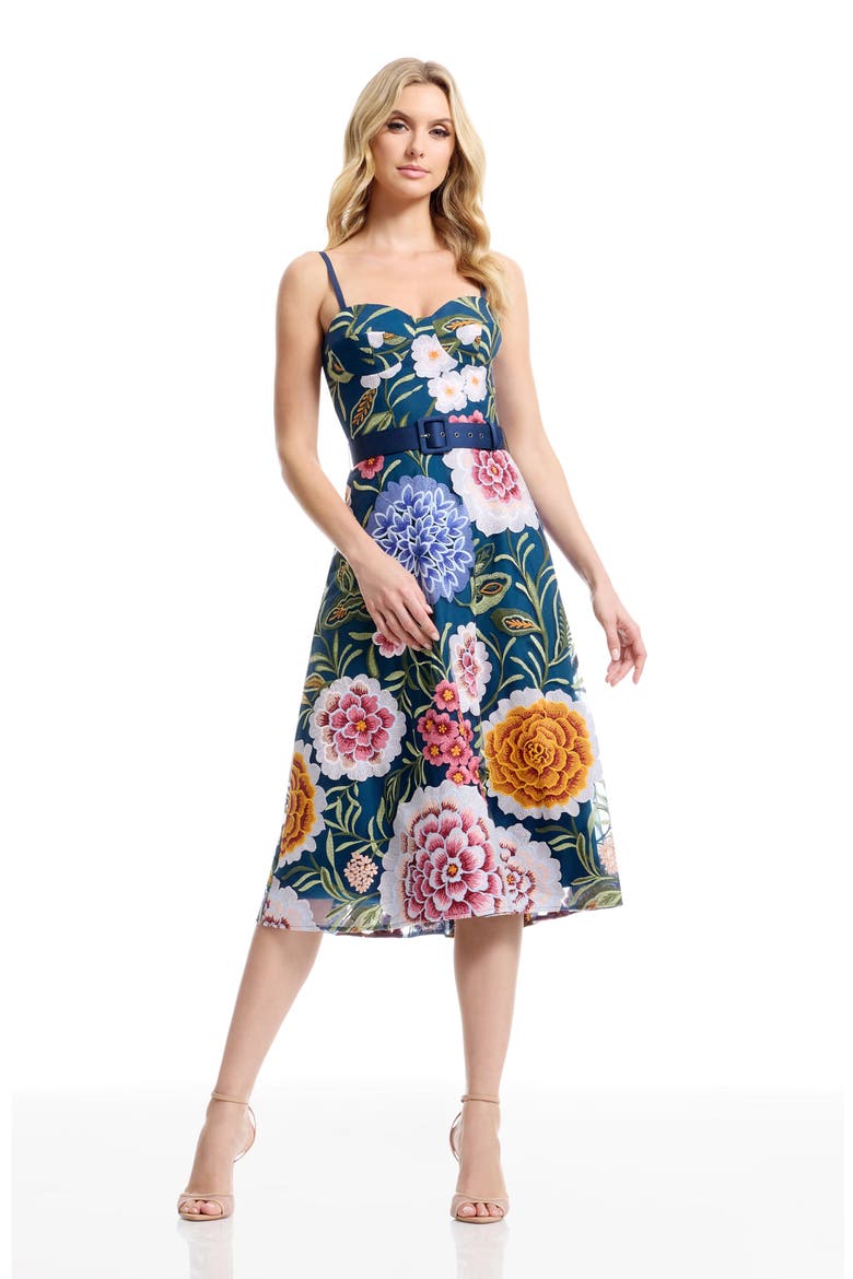 Carlita Belted Floral Embroidered Midi Cocktail Dress, Alternate, color, NAVY MULTI