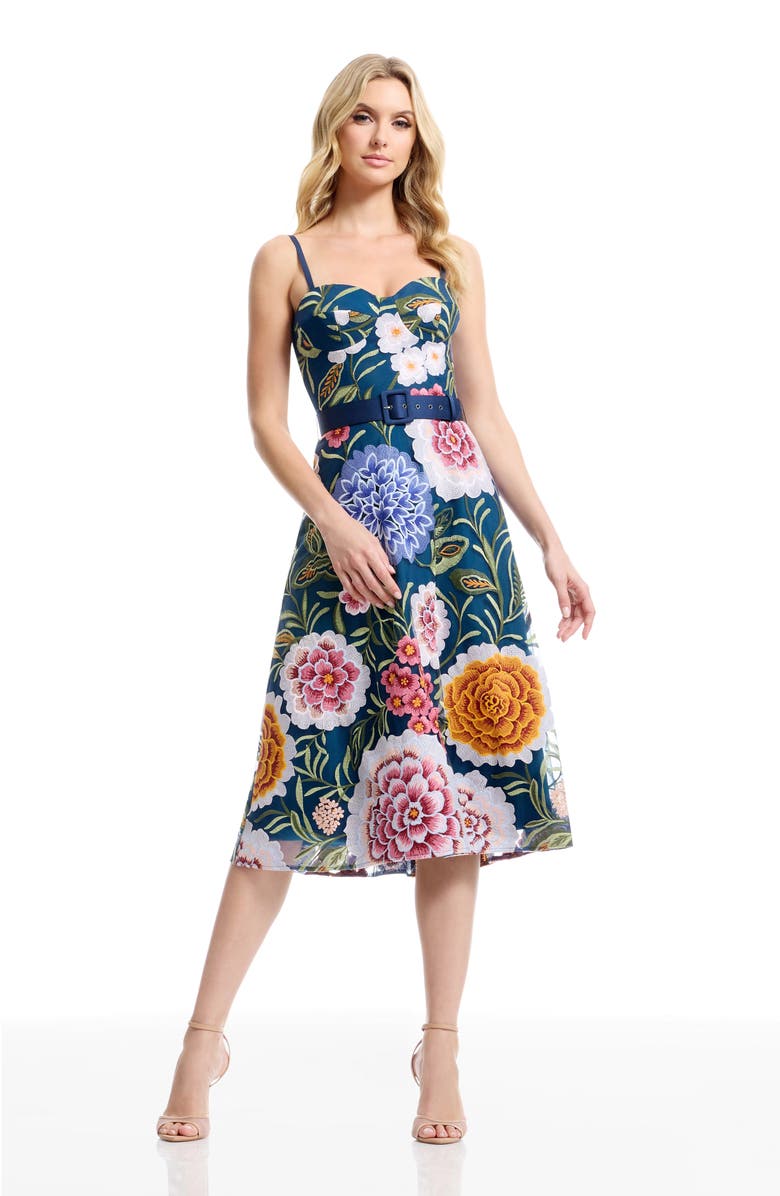 Dress the Population Carlita Belted Floral Embroidered Midi Cocktail Dress, Alternate, color, Navy Multi