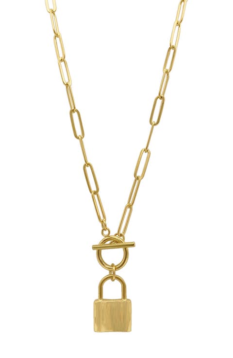 14K Gold Plated Water Resistant Paper Clip Chain Lock Toggle Necklace