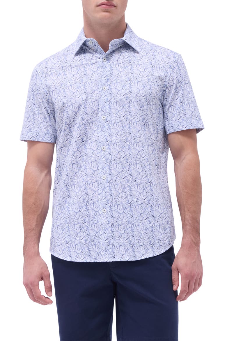 Miles OoohCotton® Leaf Print Short Sleeve Button-Up Shirt, Main, color, NAVY