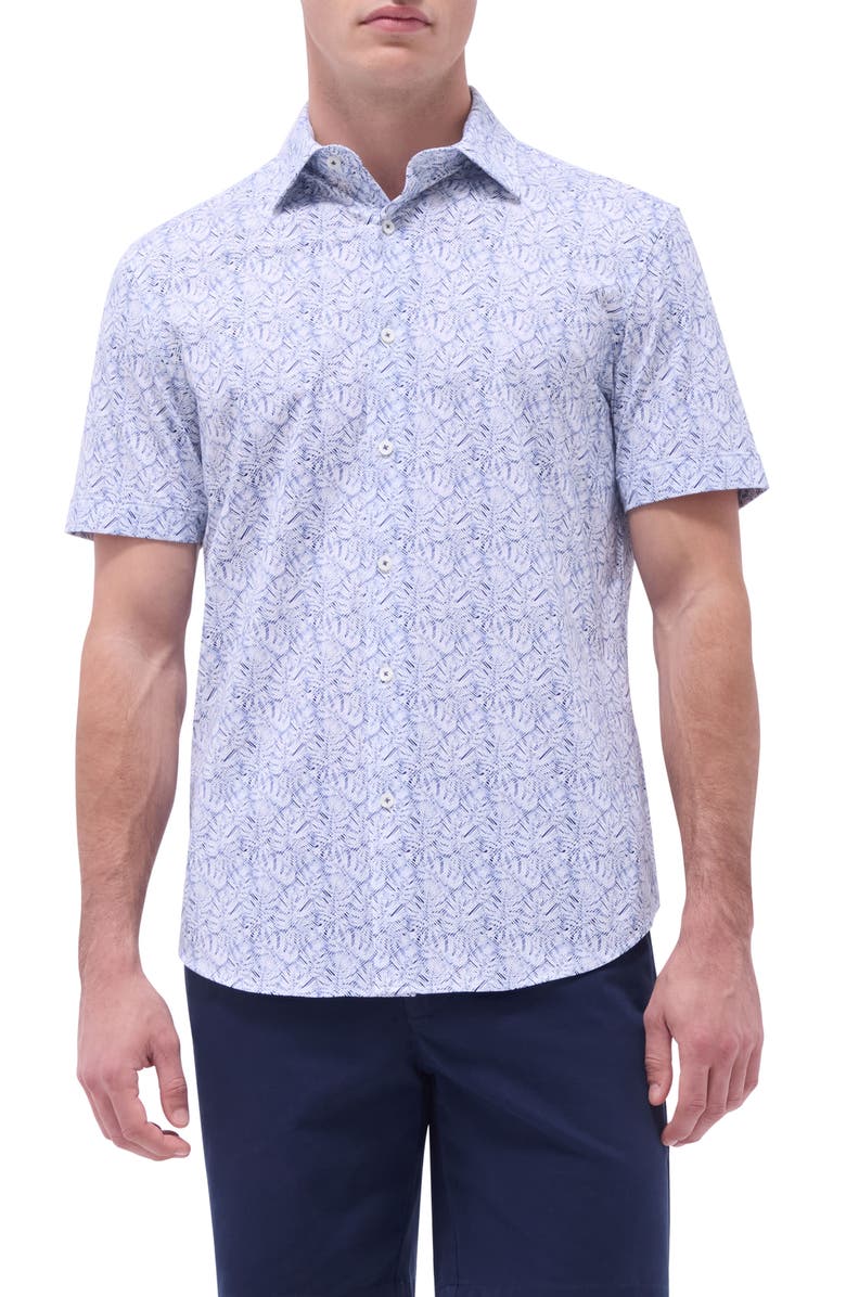 Bugatchi Miles OoohCotton<sup>®</sup> Leaf Print Short Sleeve Button-Up Shirt, Main, color, Navy