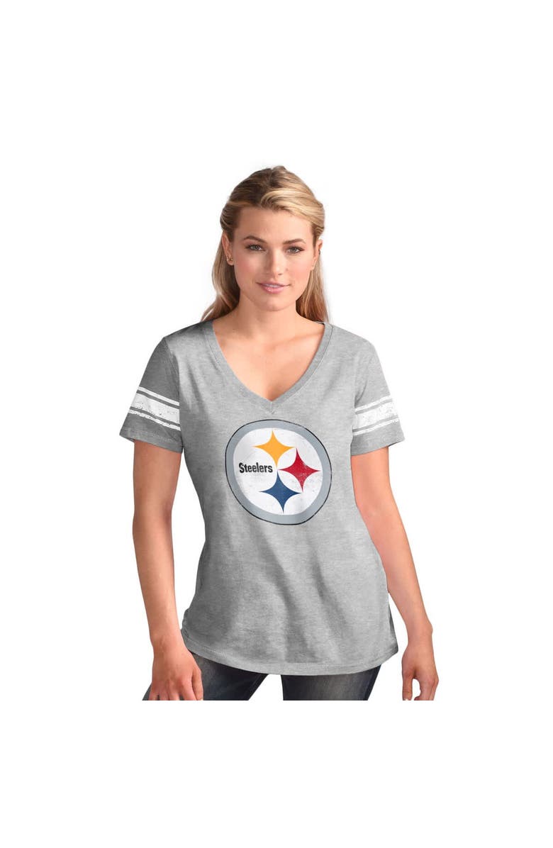 G-III 4HER BY CARL BANKS Women's G-III 4Her by Carl Banks Heather Gray Pittsburgh Steelers First Pick Distressed V-Neck T-Shirt, Main, color, Heather Gray