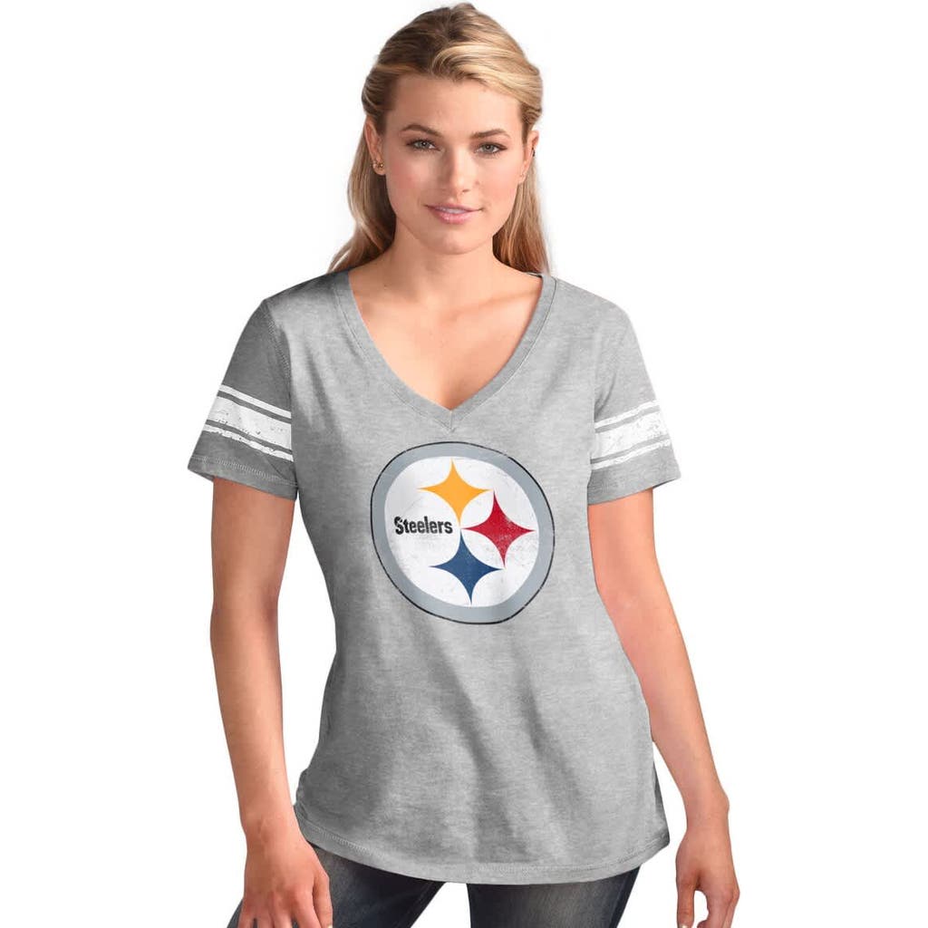 G-iii 4her By Carl Banks Heather Gray Pittsburgh Steelers First Pick Distressed V-neck T-shirt