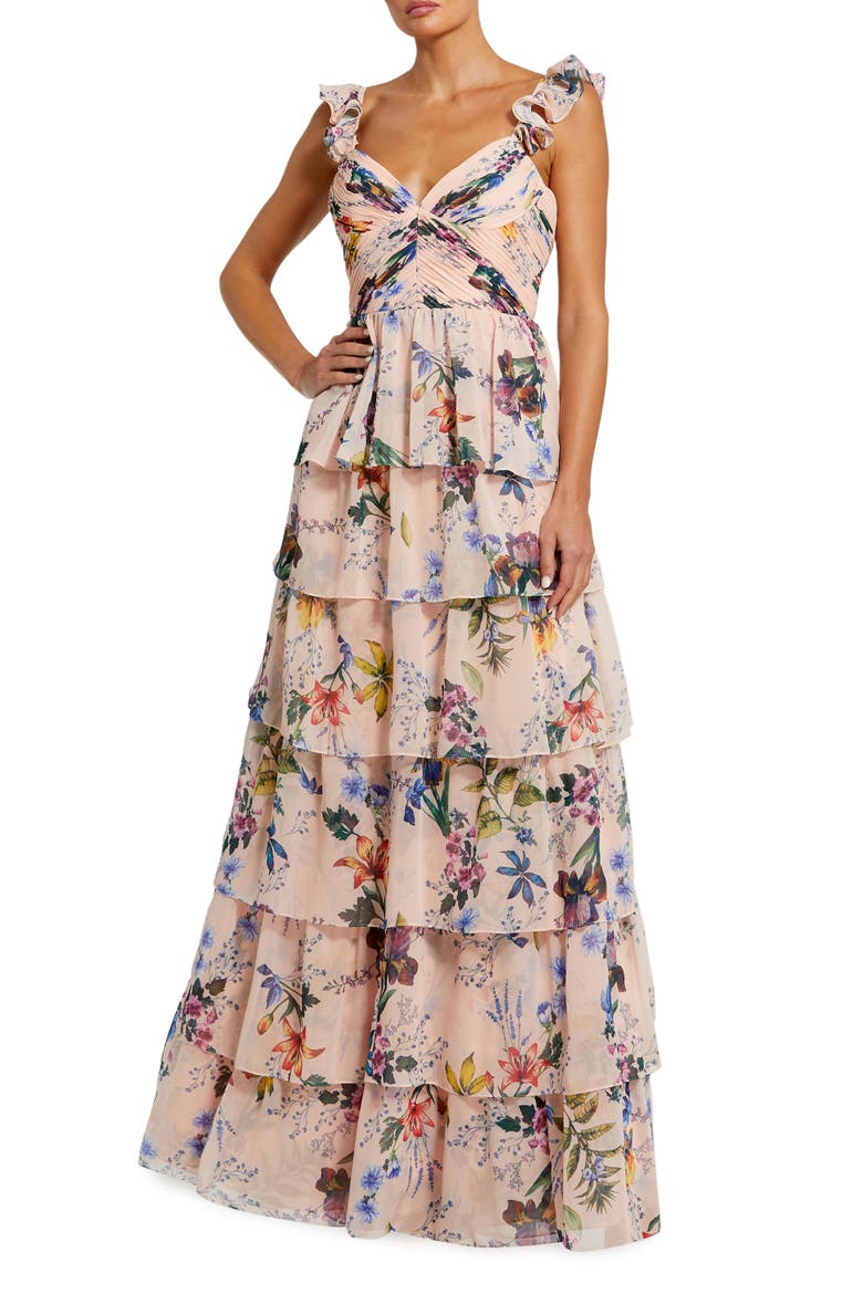 Women's Ruffle Sleeveless Chiffon Tiered Floral Print Gown, Main, color, Pink Multi