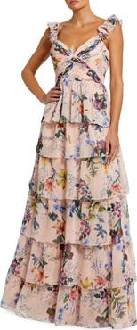Mac Duggal Women's Ruffle Sleeveless Chiffon Tiered Floral Print Gown