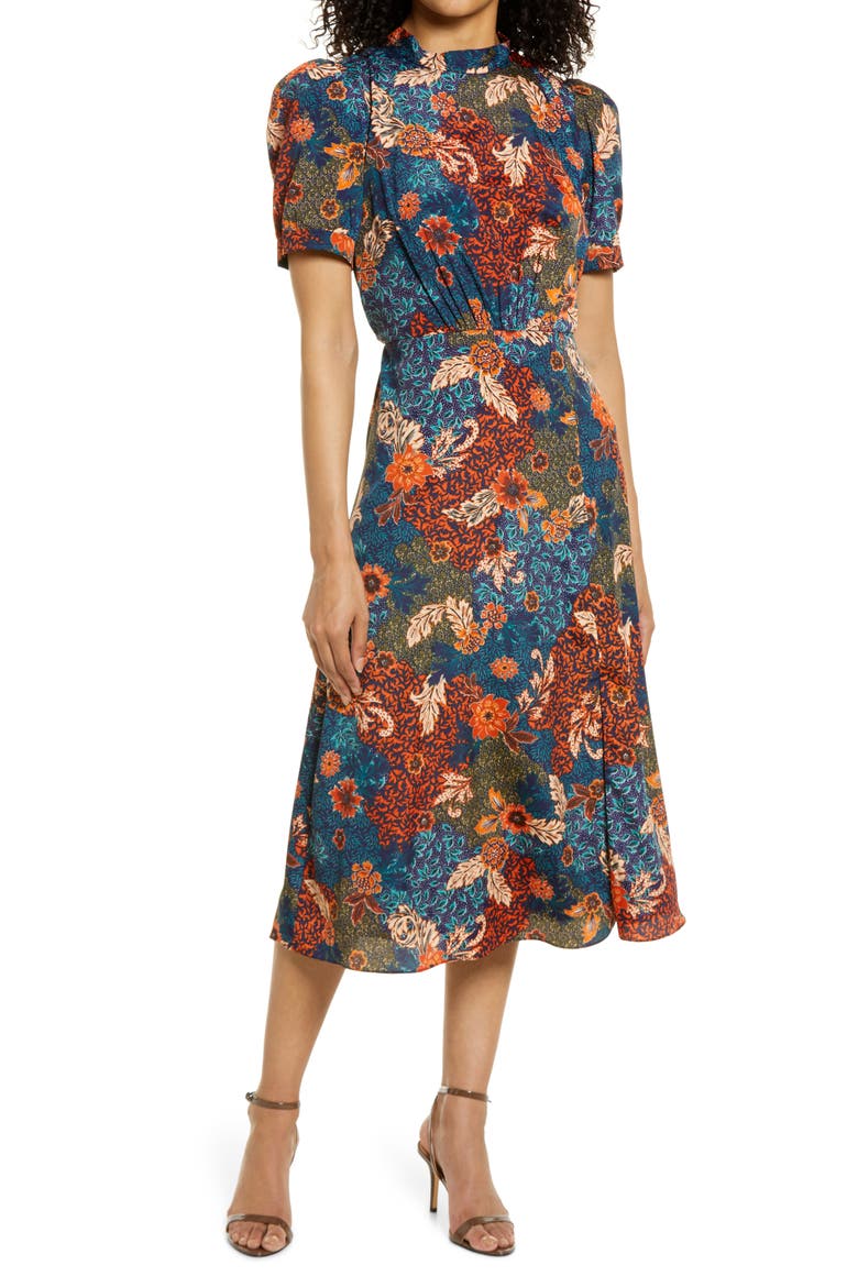 Floral Puff Sleeve A-Line Midi Dress, Main, color, NAVY MULTI