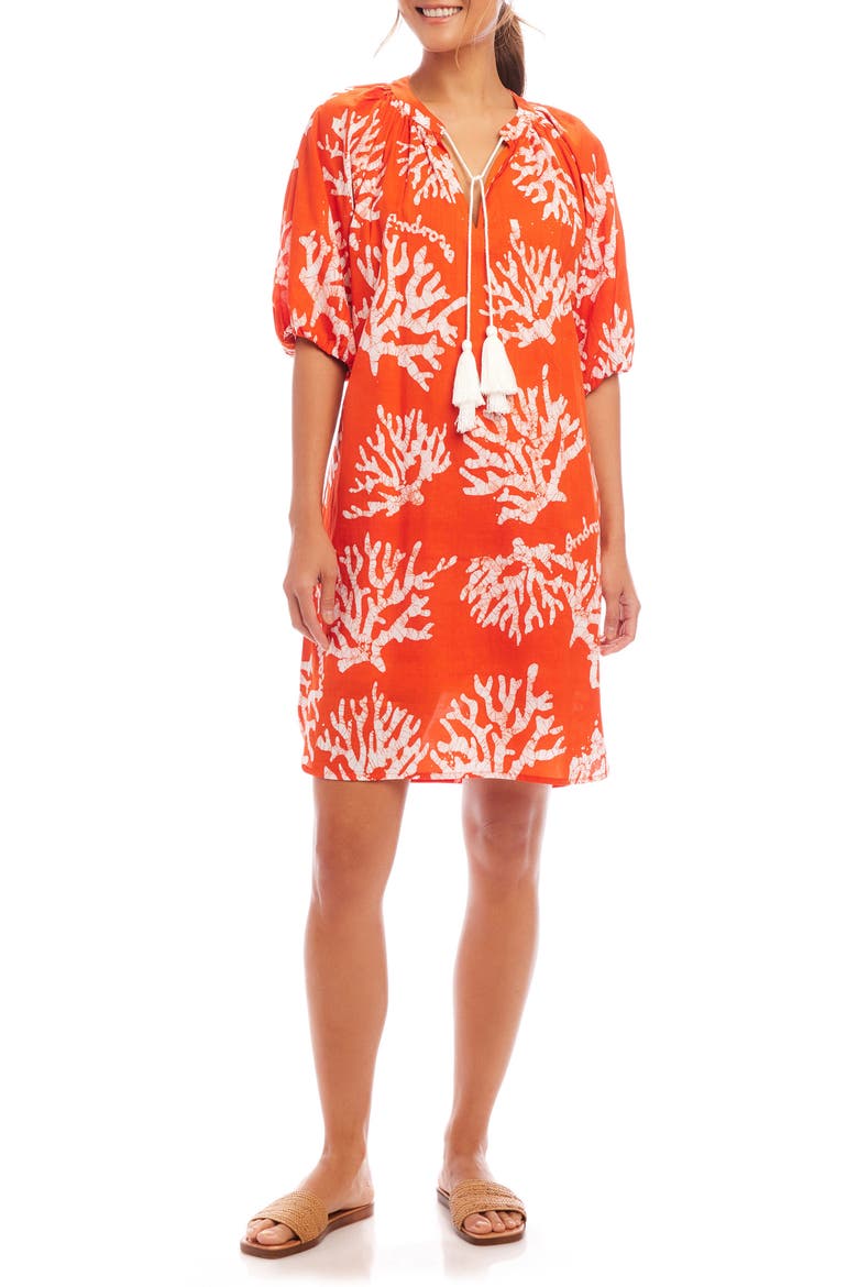 Coral Print Tassel Cotton Dress, Main, color, ORANGE