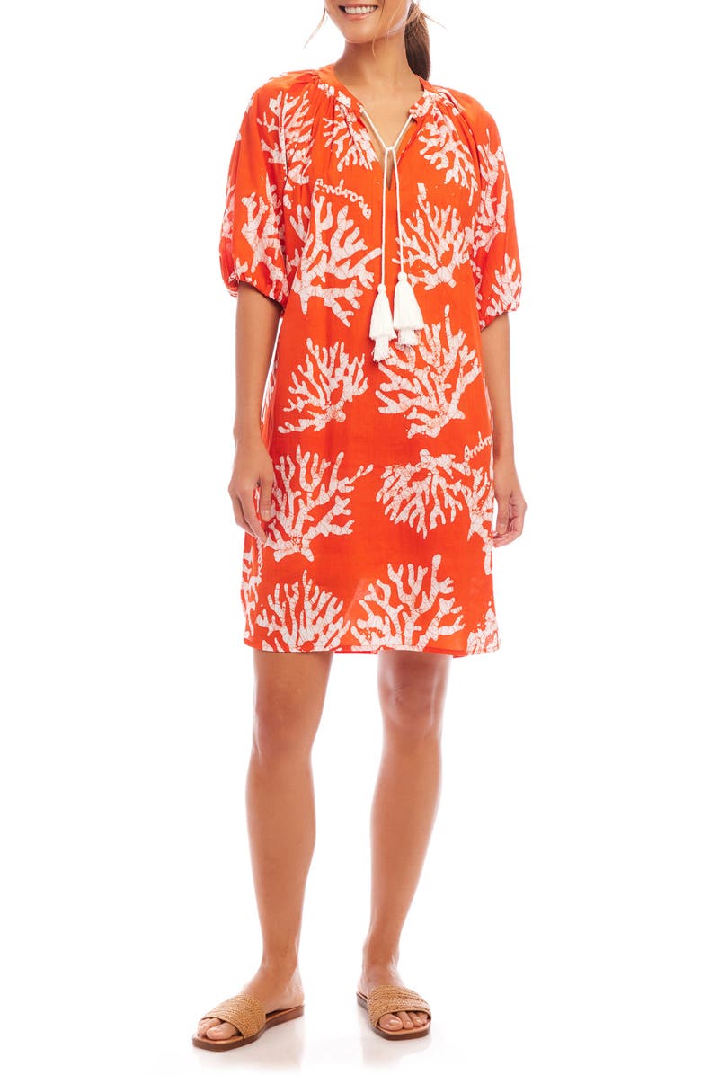 Karen Kane Coral Print Tassel Cotton Dress, Main, color, Orange