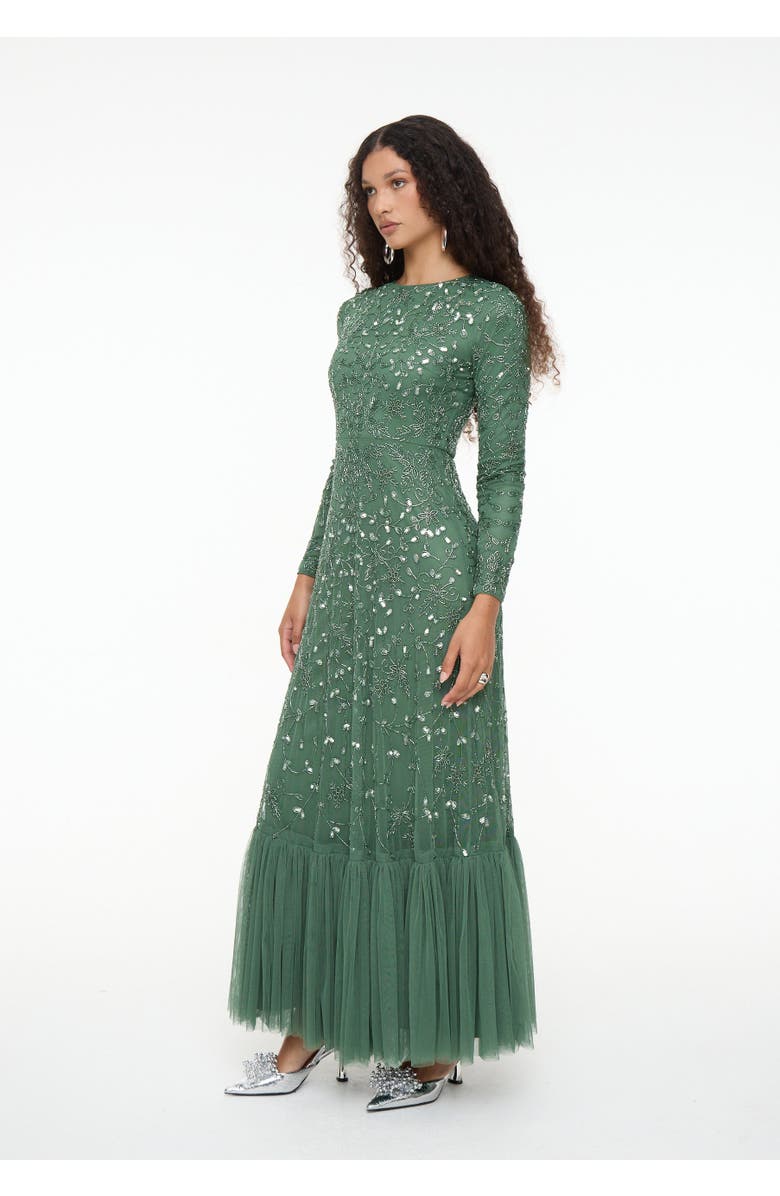 MARYISA Modest Embellished Sequin Beaded Dress Maxi With Long Cape, Alternate, color, Dark Green
