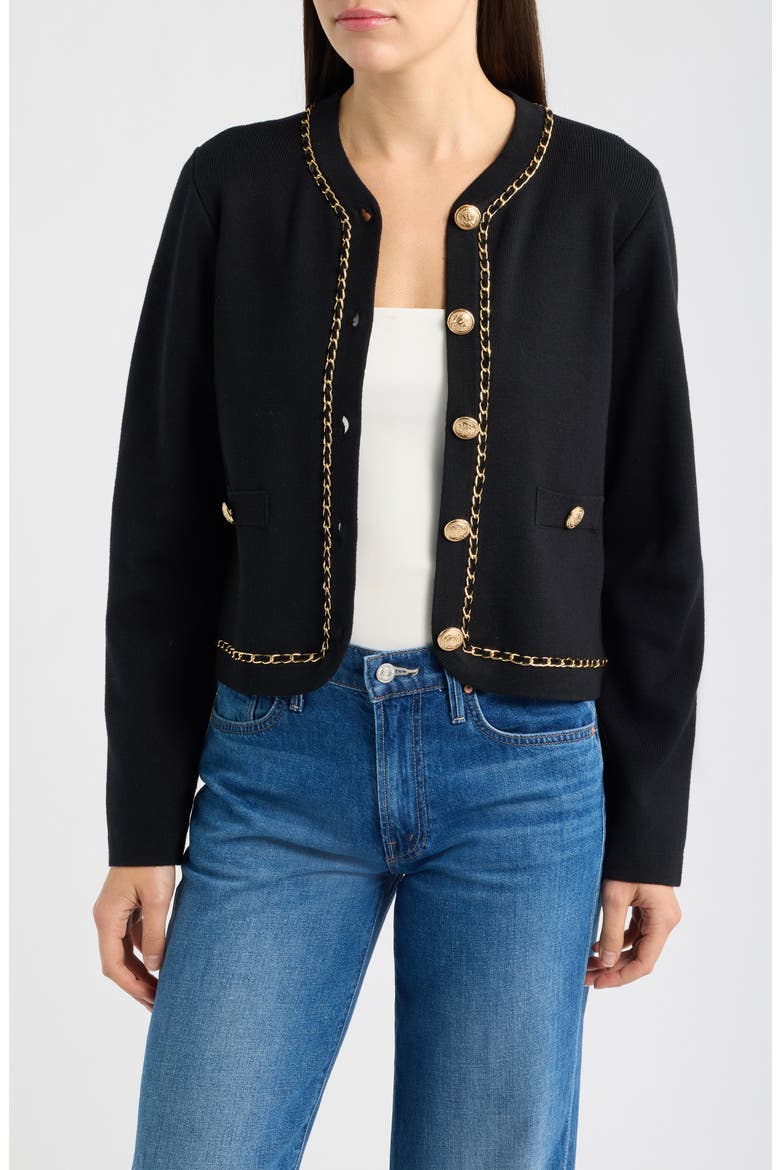 Chain Trimmed Knit Jacket, Main, color, BLACK