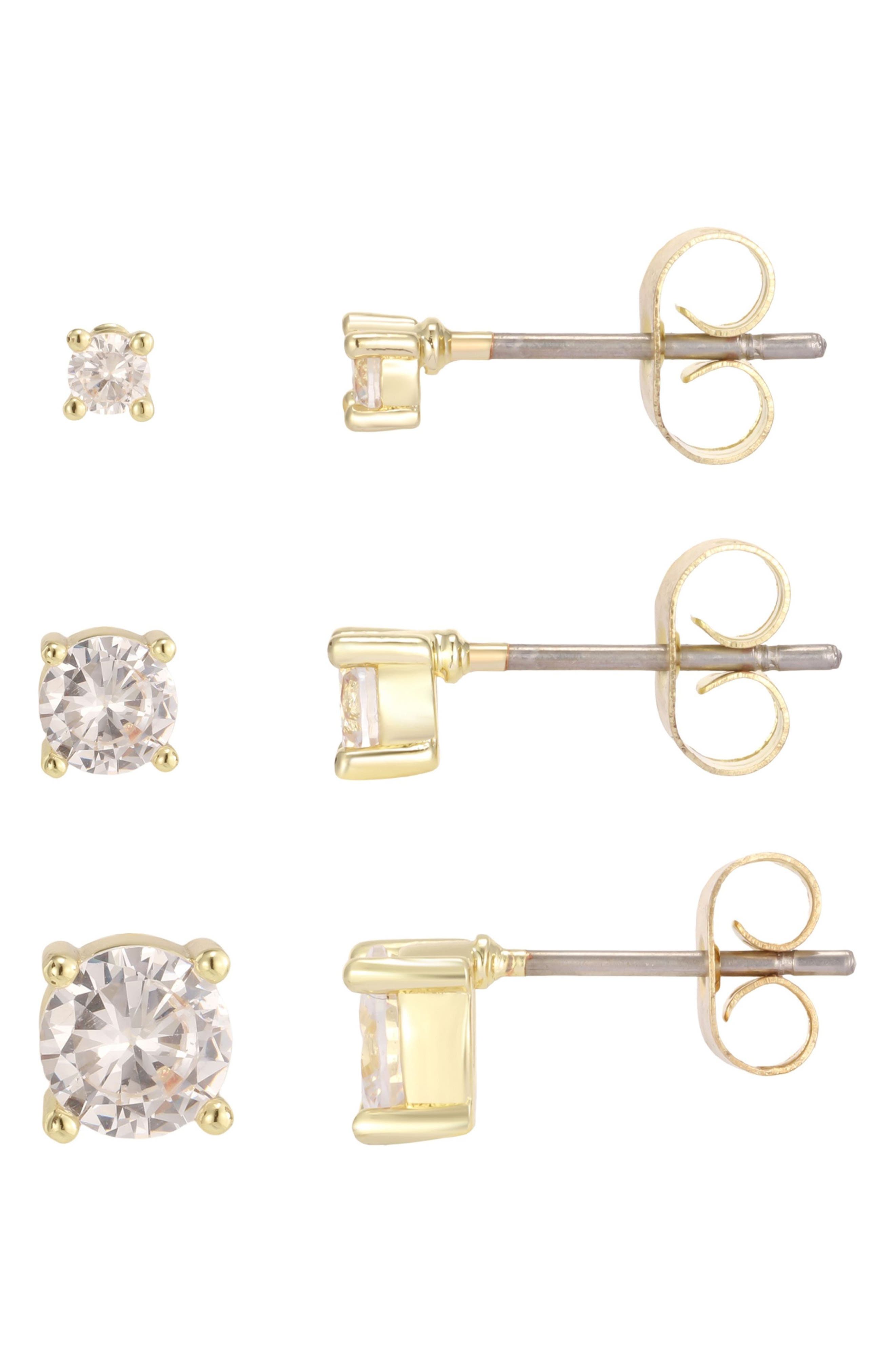 14k Gold Plated Round Cubic Zirconia Stud Earring Set