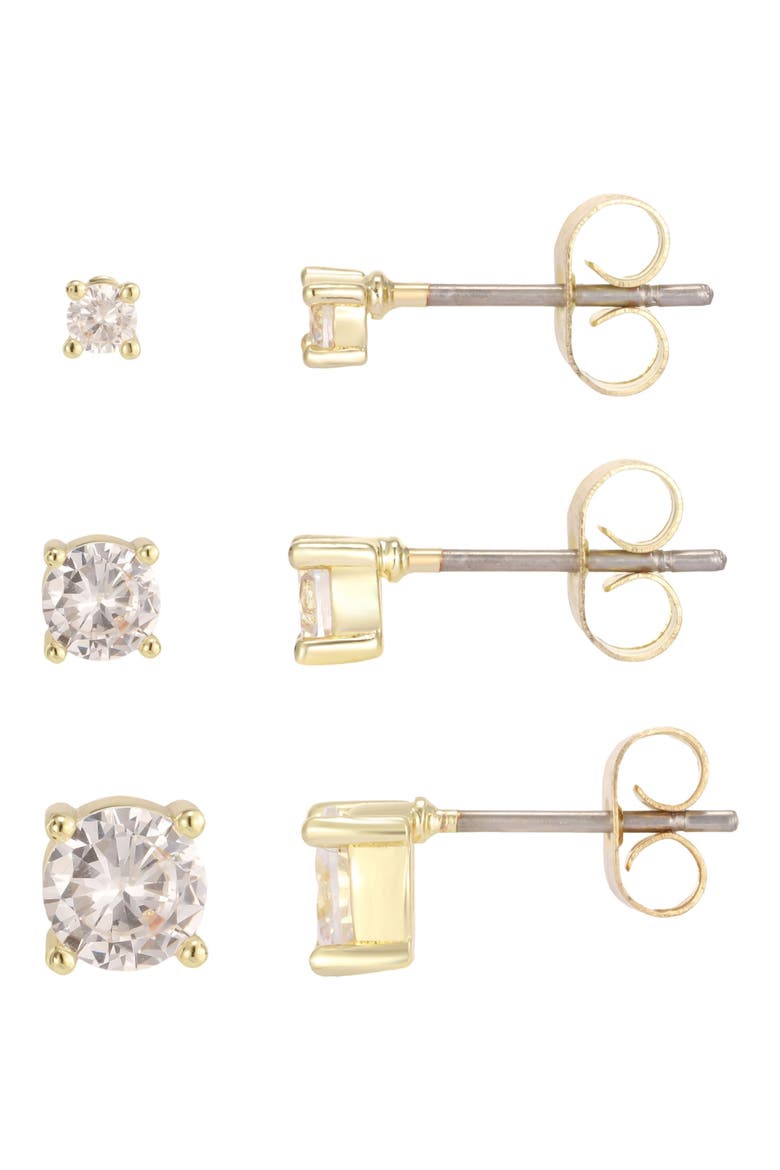 14k Gold Plated Round Cubic Zirconia Stud Earring Set, Main, color, GOLD