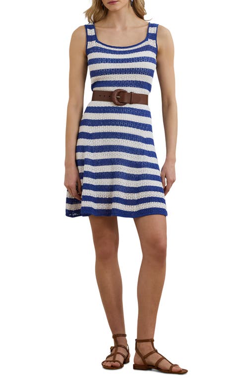 Ralph Lauren Striped Pointelle-knit Sweater Dress In Blue