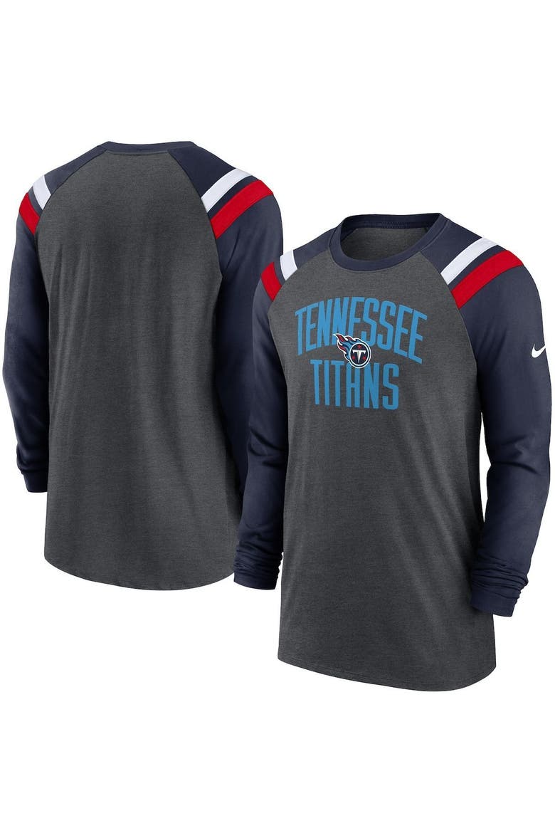 Men's Nike Heathered Charcoal/Navy Tennessee Titans Tri-Blend Raglan Athletic Long Sleeve Fashion T-Shirt, Main, color, Heather Charcoal
