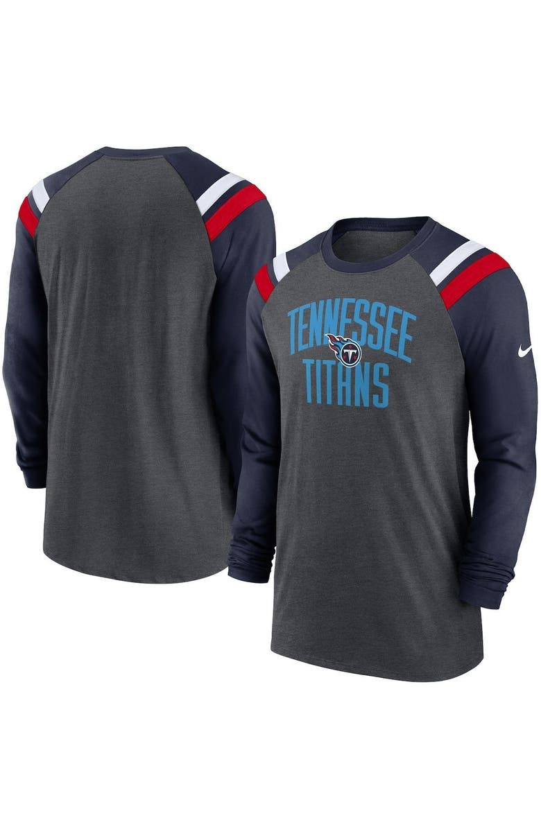 Nike Men's Nike Heathered Charcoal/Navy Tennessee Titans Tri-Blend Raglan Athletic Long Sleeve Fashion T-Shirt, Main, color, Heather Charcoal