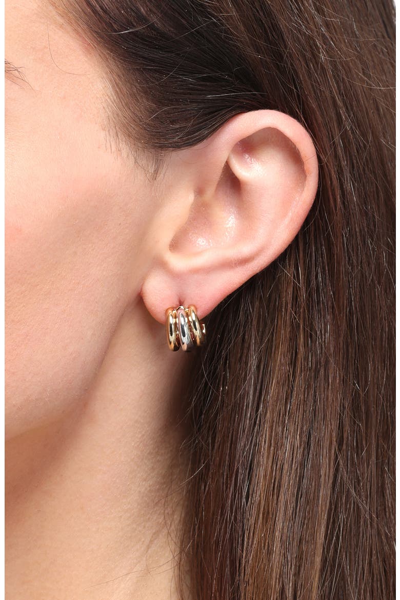 tiny twinkles two tone trio huggie hoop earrings, Alternate, color, GOLD SILVER