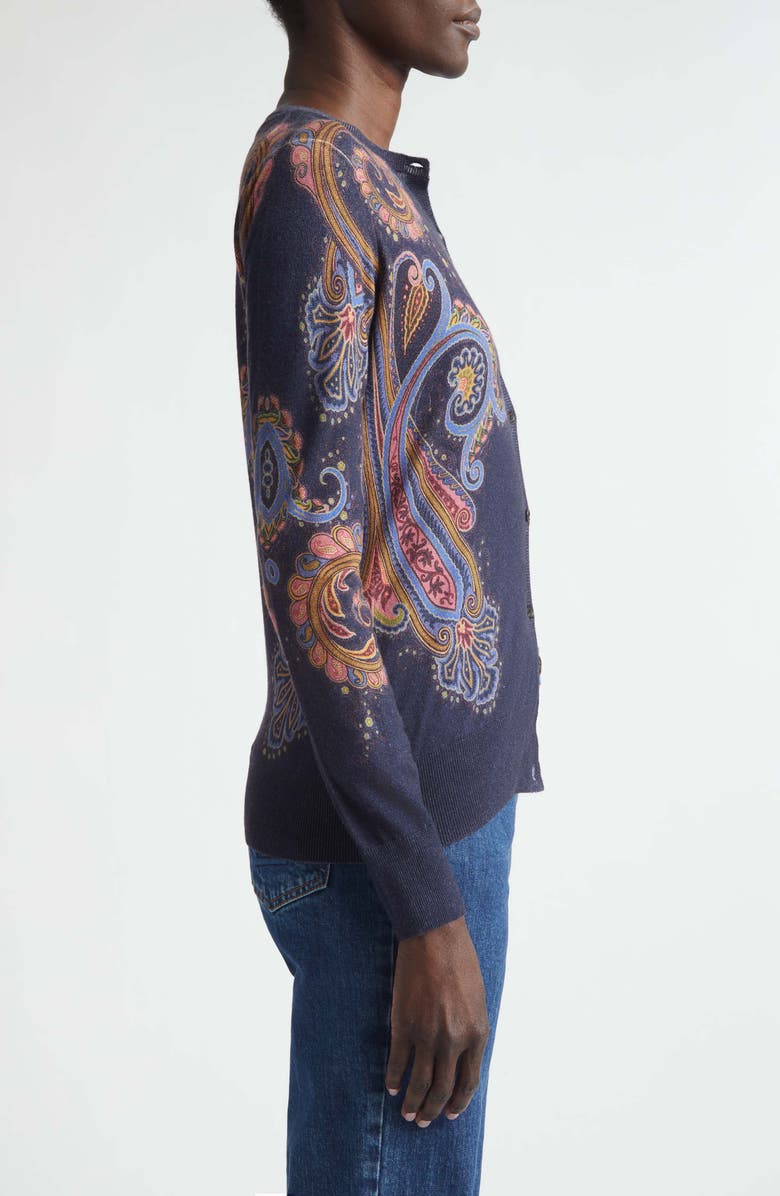Etro Floral Paisley Silk & Cashmere Cardigan, Alternate, color, Print On Blue Base