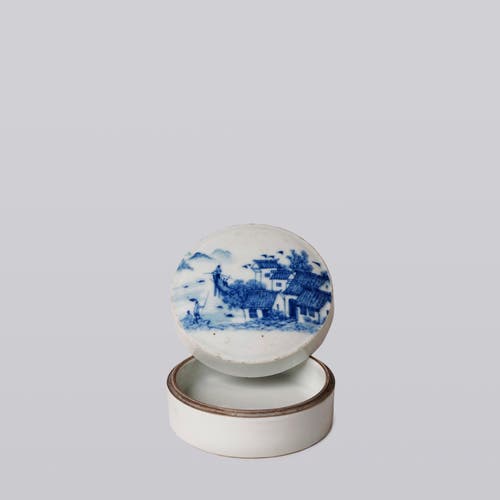 Cobalt Guild Blue And White Porcelain River Landscape Ink Box In Blue