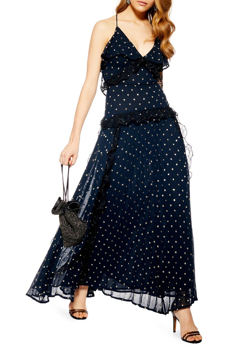 Topshop Lace Metallic Dot Maxi Dress, Main, color, 