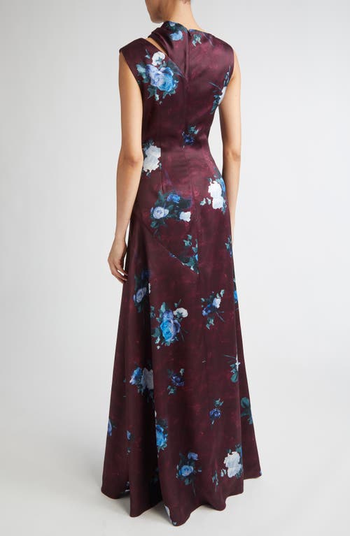 Erdem Abstract Rose Print Cutout Satin Gown In Brown