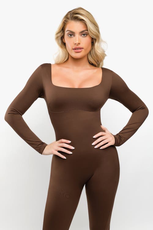 Popilush Shapewear Square Neck Long Sleeve Butt Lift Jumpsuit In Cherry Wood