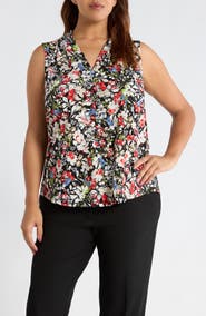 AK ANNE KLEIN Abstract Print V-Neck Button-Up Knit Top