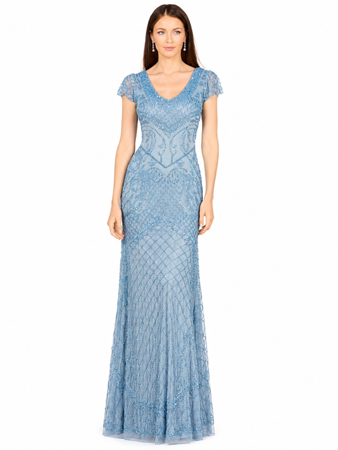 Beaded Cap Sleeve Gown With V-Neckline