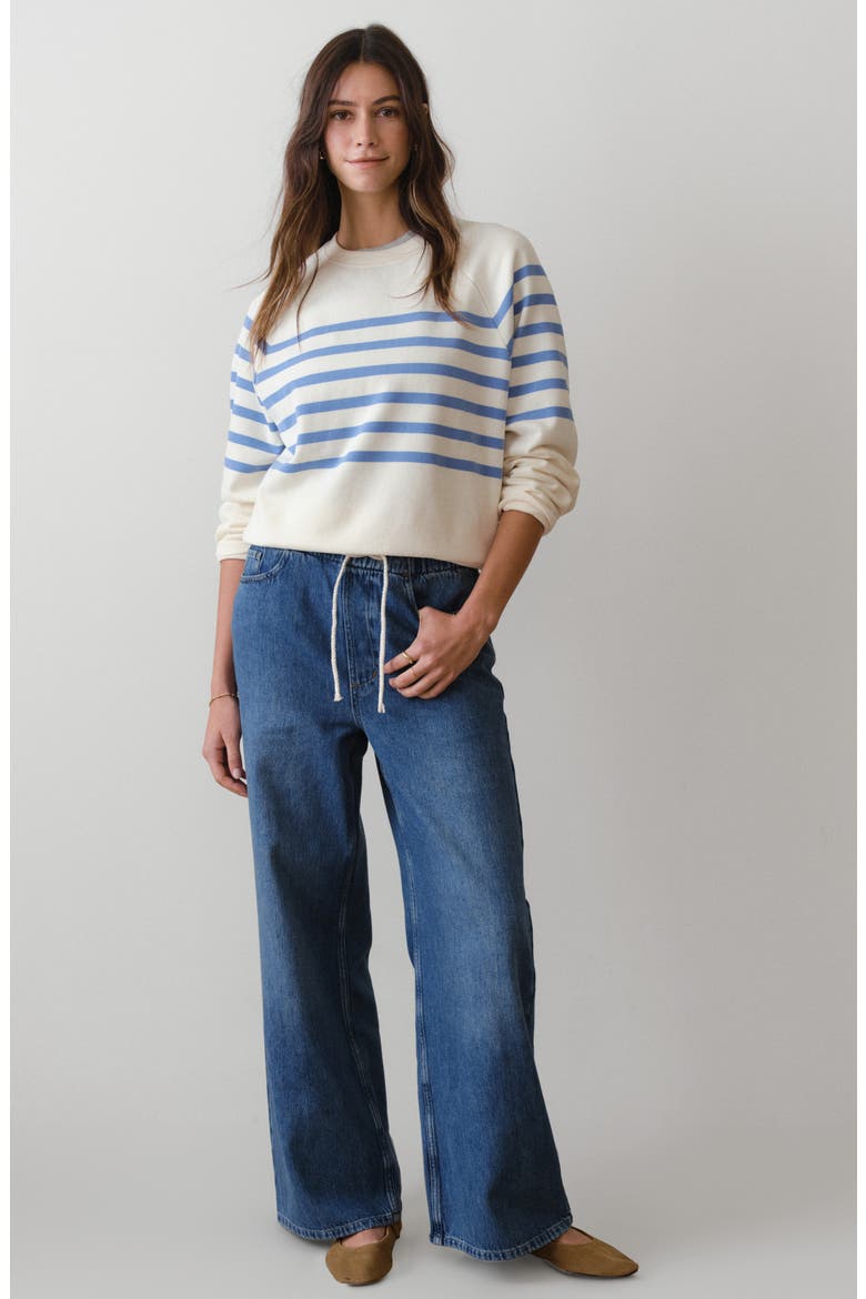 Cloud 9 Fleece Stripe Sweatshirt, Alternate, color, ANTIQUE WHITE/ BLUE STRIPE