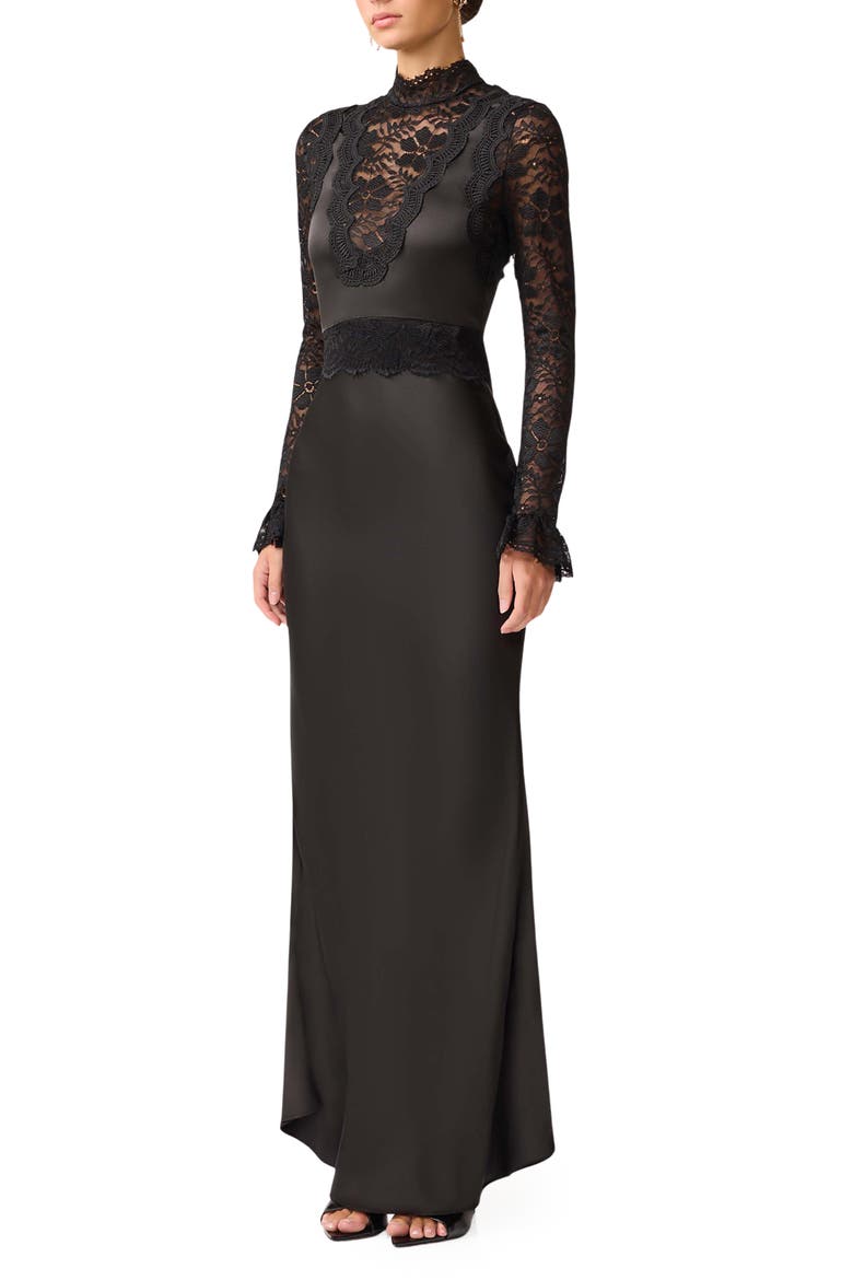Margot Lace Inset Long Sleeve Gown, Alternate, color, BLACK