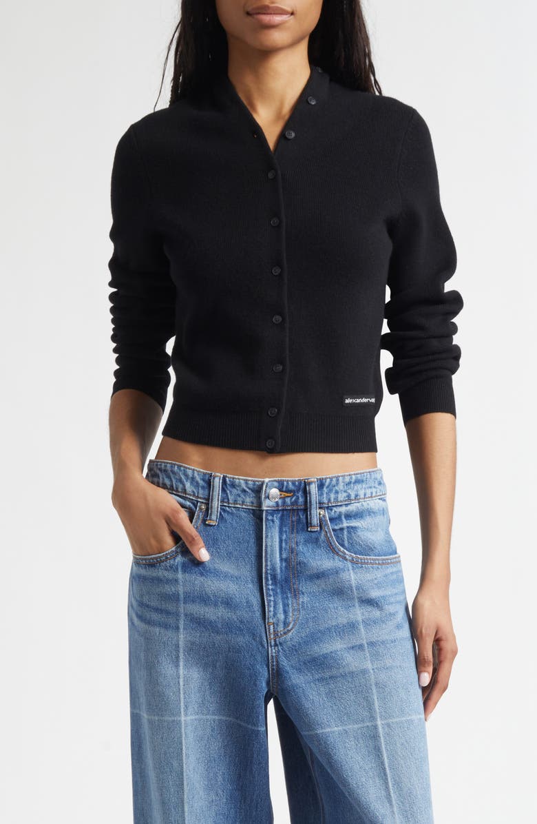 Alexander Wang Continuous Placket Crop Wool Blend Cardigan, Main, color, Black