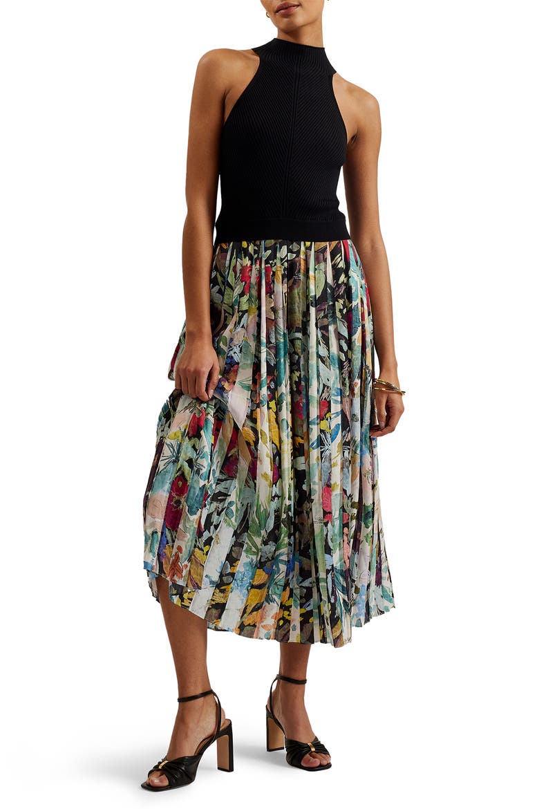 Corino Pleated Midi Dress, Main, color, BLACK