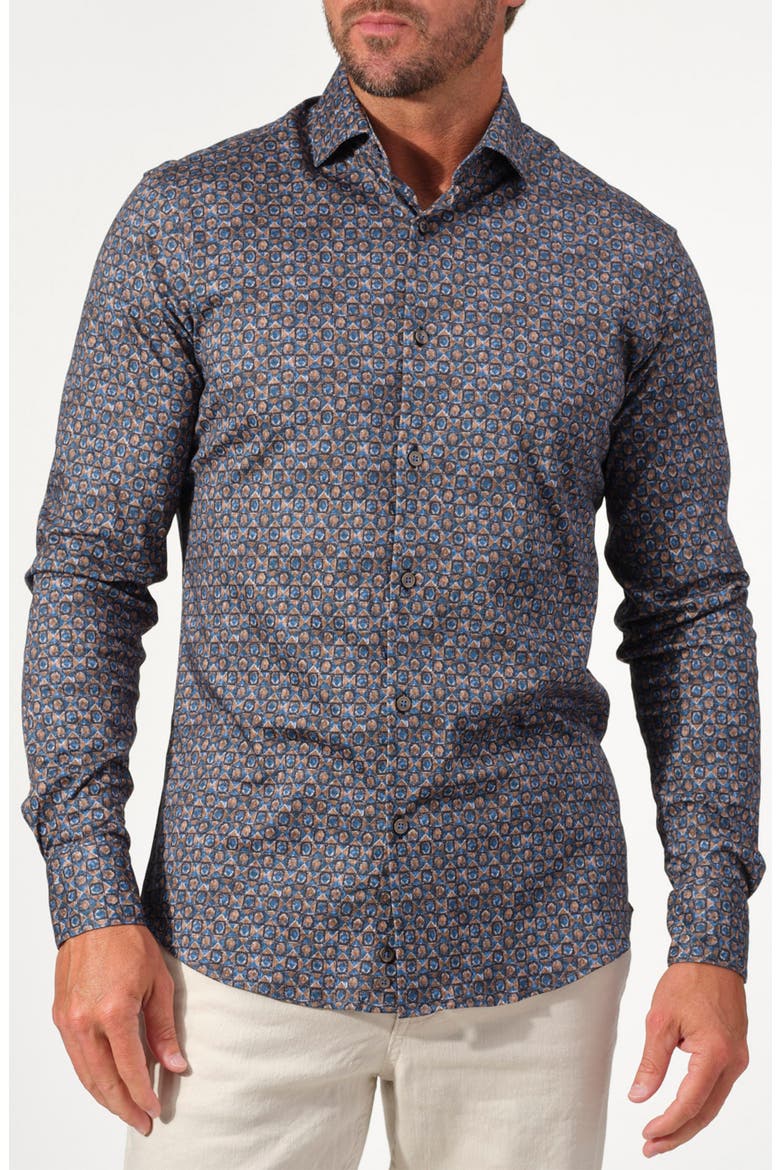 Mosaic Print Stretch Cotton Long Sleeve Button-Down Shirt, Main, color, BROWN